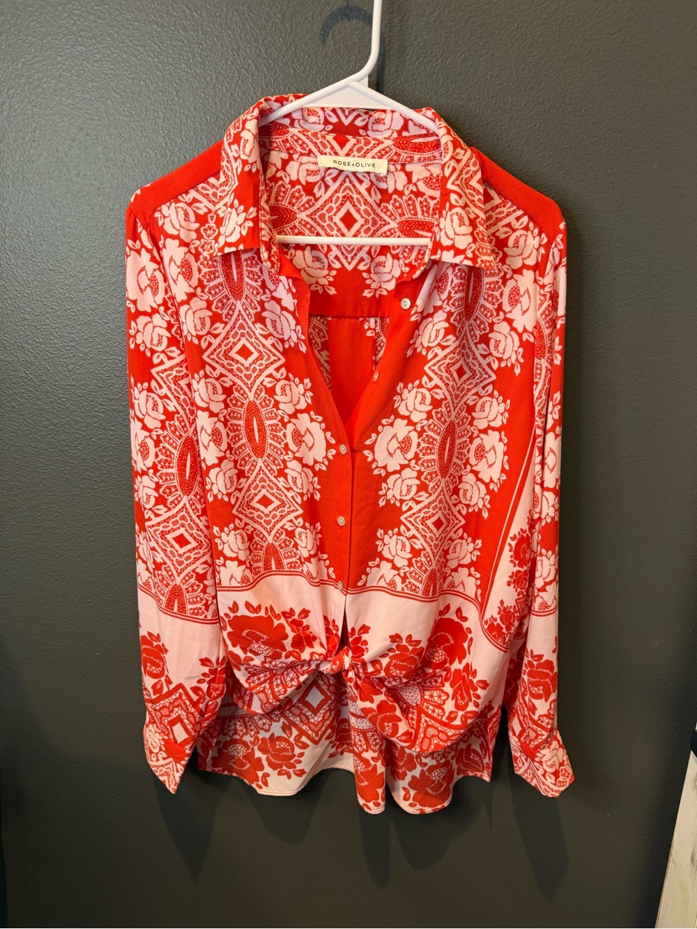 Rose & Olive Red Paisley Tie-Front Button-Down Shirt